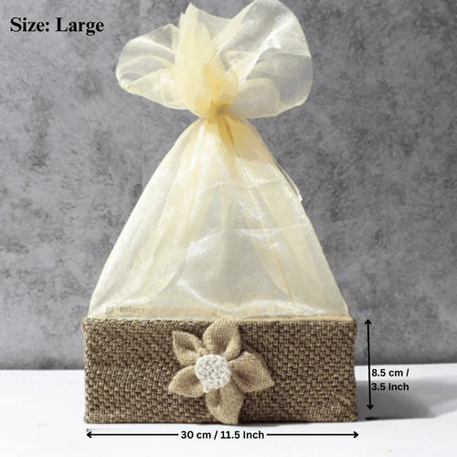 Large net basket with jute flower, beige organza wrap, ideal for gifting or hamper packaging from Bakeyy.com