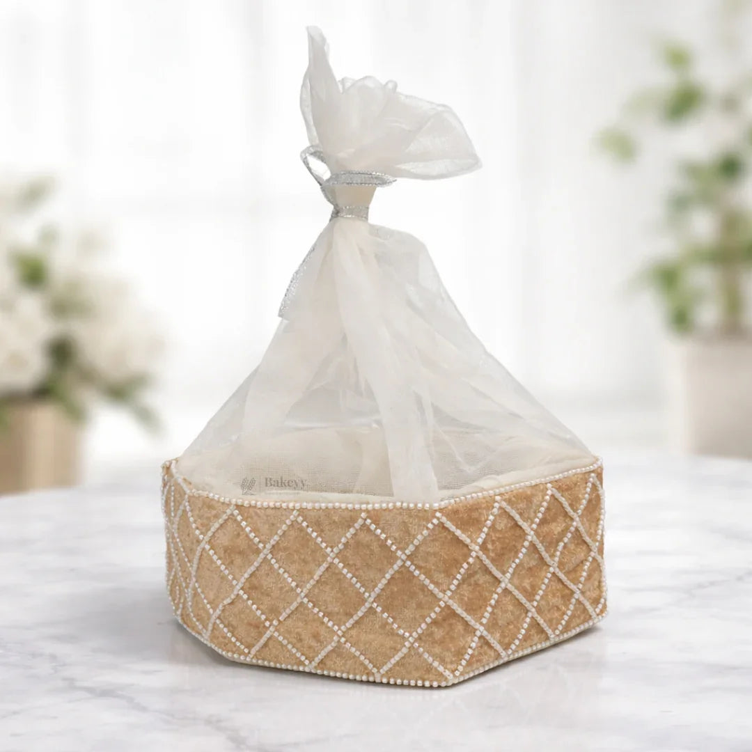Hexagon Velvet Gift Box with Net | Diamond Pearl Embellished Base | Elegant Premium Hamper Box | Pack of 1