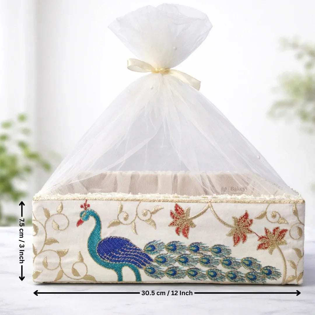 Peacock Embroidered Premium Gift Box with Net | Luxury Festive & Wedding Hamper Box With Matching Ribbon | Pack of 1