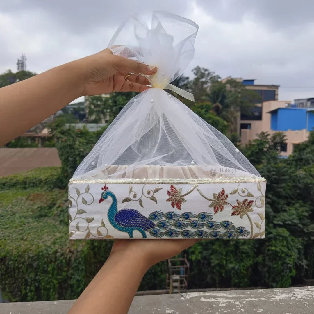 Peacock Embroidered Premium Gift Box with Net | Luxury Festive & Wedding Hamper Box With Matching Ribbon | Pack of 1 - Bakeyy.com - India - Peacock Embroidered Premium Gift Box with Net | Luxury Festive & Wedding Hamper Box With Matching Ribbon | Pack of 1 - Small 360.00