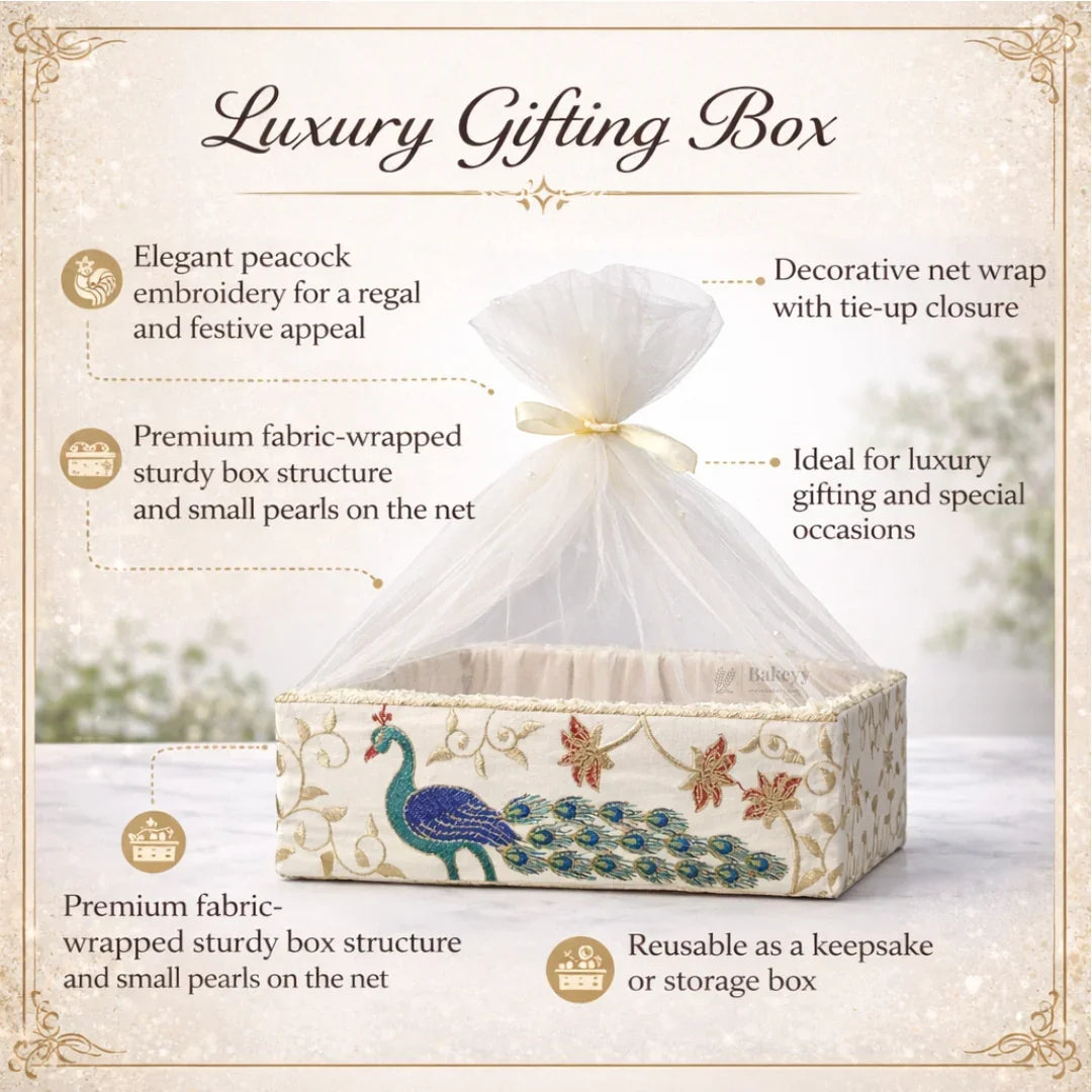Peacock Embroidered Premium Gift Box with Net | Luxury Festive & Wedding Hamper Box With Matching Ribbon | Pack of 1