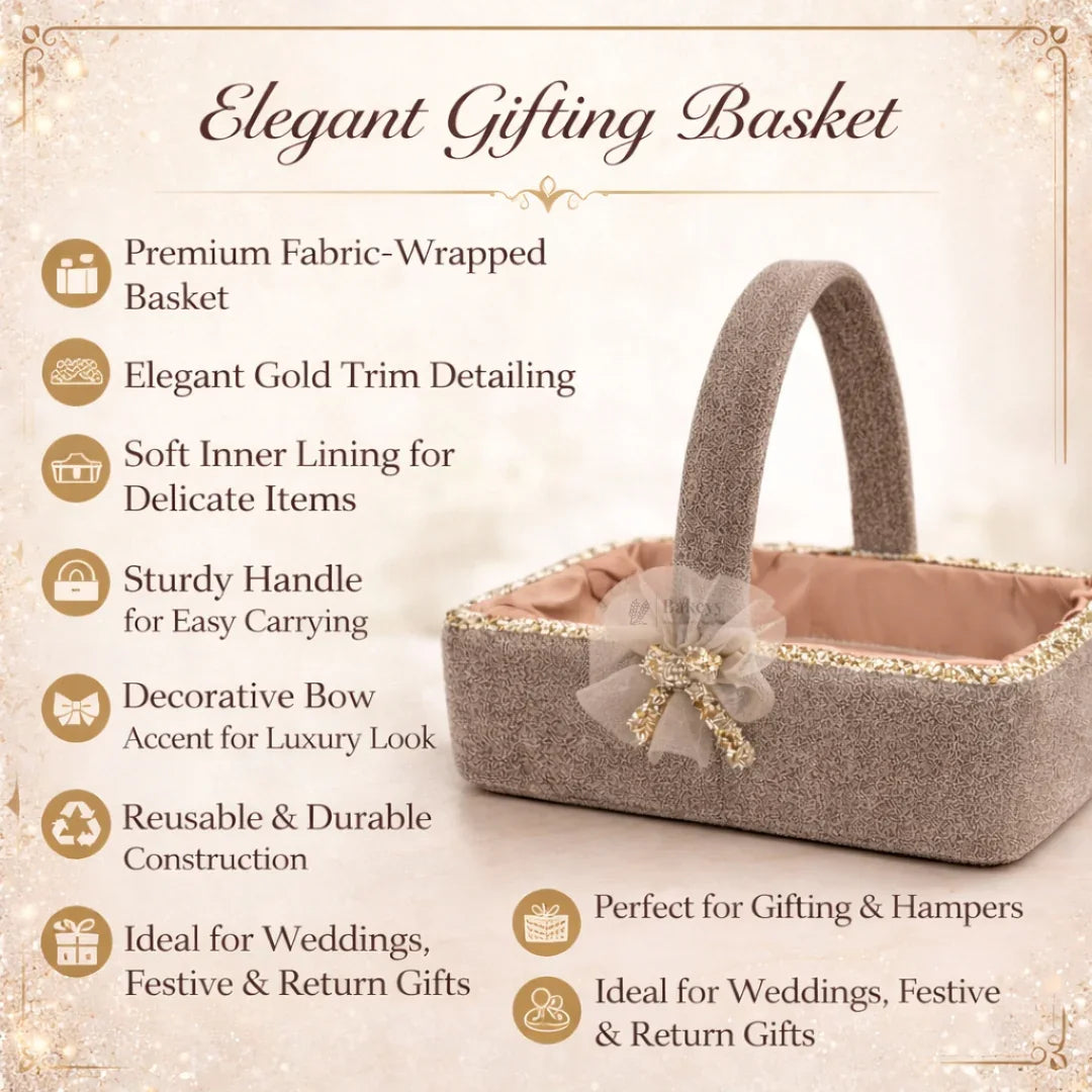 Luxury Fabric Gift Basket with Handle & Bow | Elegant Hamper Basket for Gifting & Décor | Pack of 1