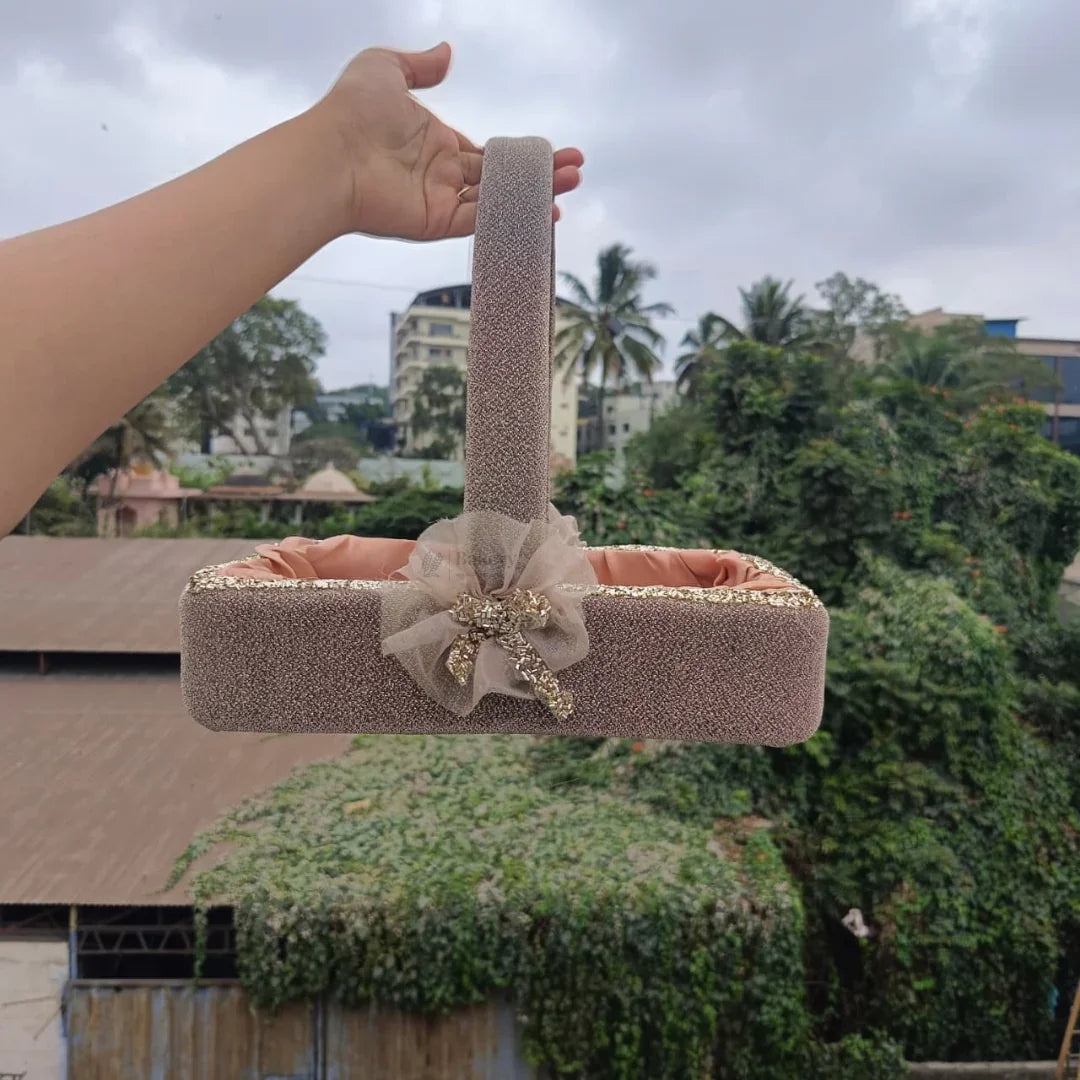 Luxury Fabric Gift Basket with Handle & Bow | Elegant Hamper Basket for Gifting & Décor | Pack of 1