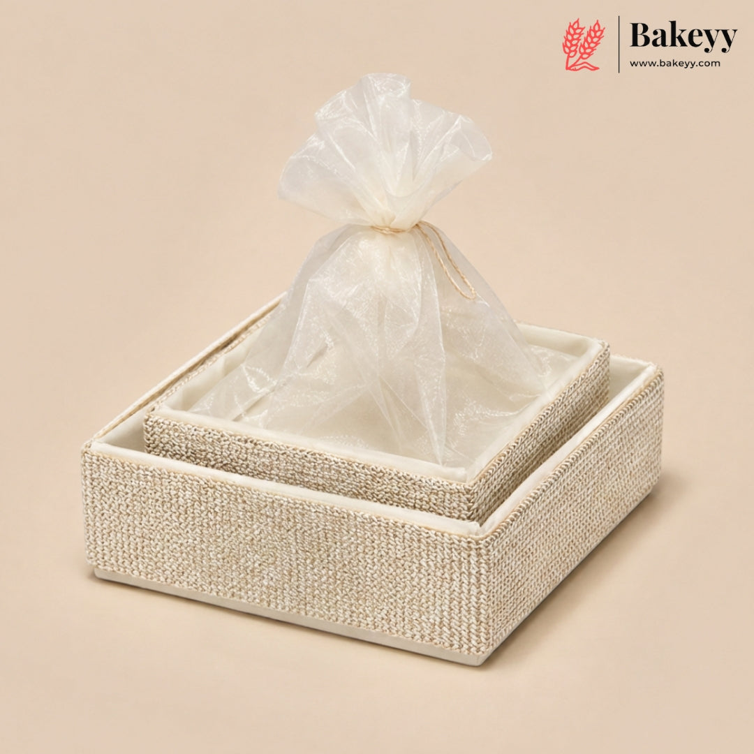 Silver Crystal Mesh Gifting Tray with Ivory Net Cover and Tassel Accents | Luxury Hamper for Special Occasions