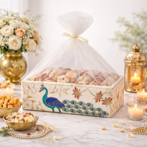 Peacock Embroidered Premium Gift Box with Net | Luxury Festive & Wedding Hamper Box With Matching Ribbon | Pack of 1 - Bakeyy.com - India - Peacock Embroidered Premium Gift Box with Net | Luxury Festive & Wedding Hamper Box With Matching Ribbon | Pack of 1 - Small 360.00