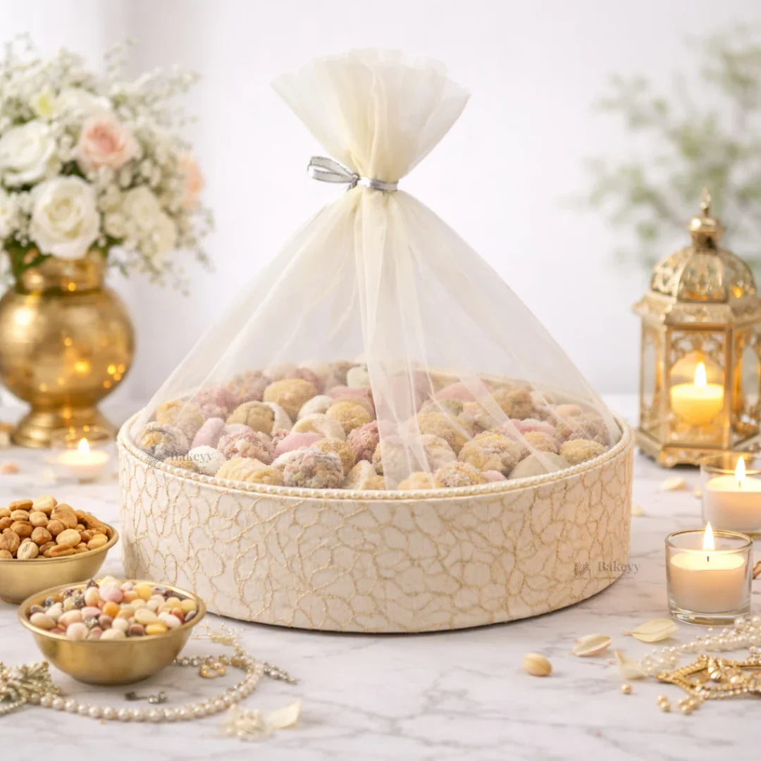 Elegant Oval Fabric Gift Basket with Net Cover | Premium Hamper Base for Luxury Gifting With Matching Ribbon | Pack of 1