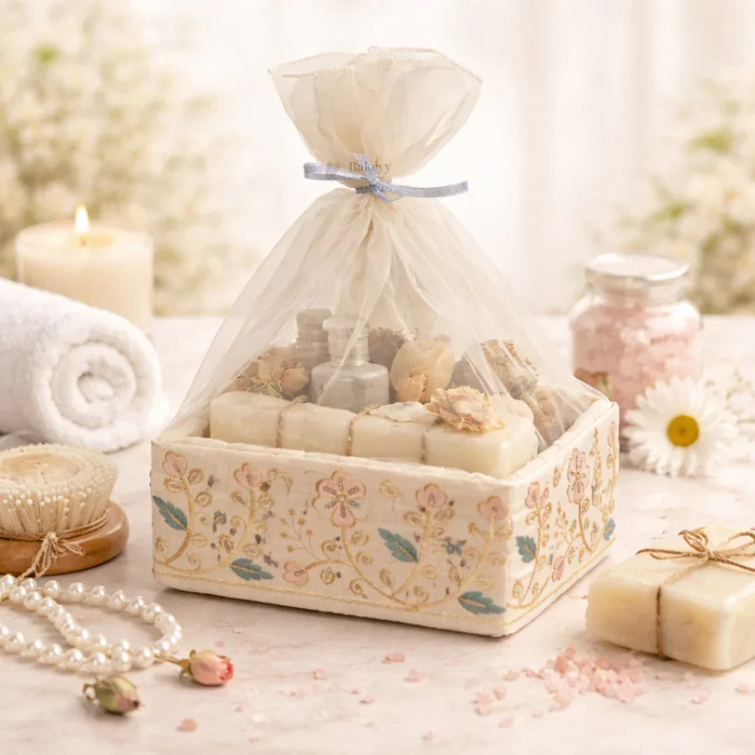Elegant Square Fabric Gift Basket with Net Cover | Floral Embroidered Hamper Base for Luxury Gifting With Matching Ribbon | Pack of 1 - Bakeyy.com - India - Elegant Square Fabric Gift Basket with Net Cover | Floral Embroidered Hamper Base for Luxury Gifting With Matching Ribbon | Pack of 1 - Small 250.00