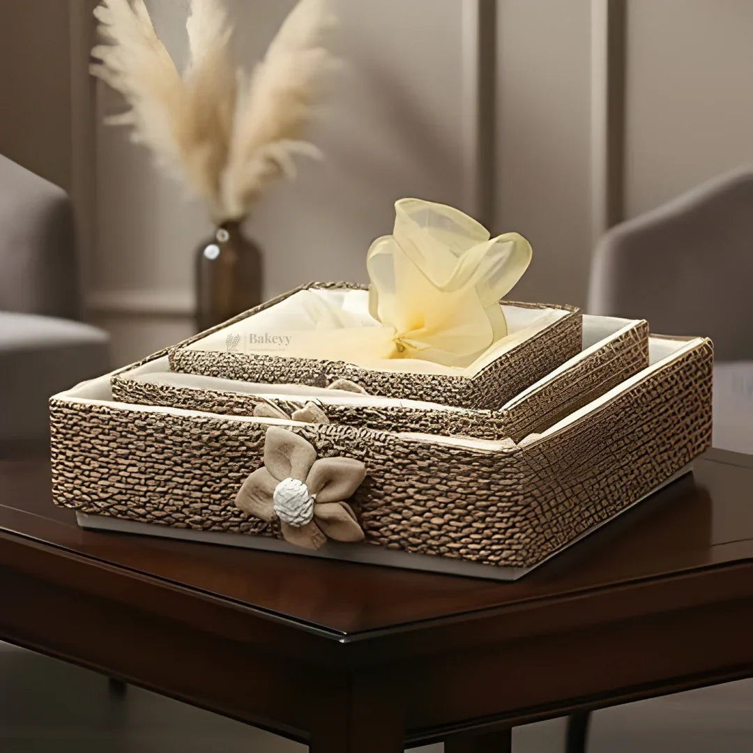 Set of decorative woven net baskets with fabric flower, ideal for gift packaging from Bakeyy