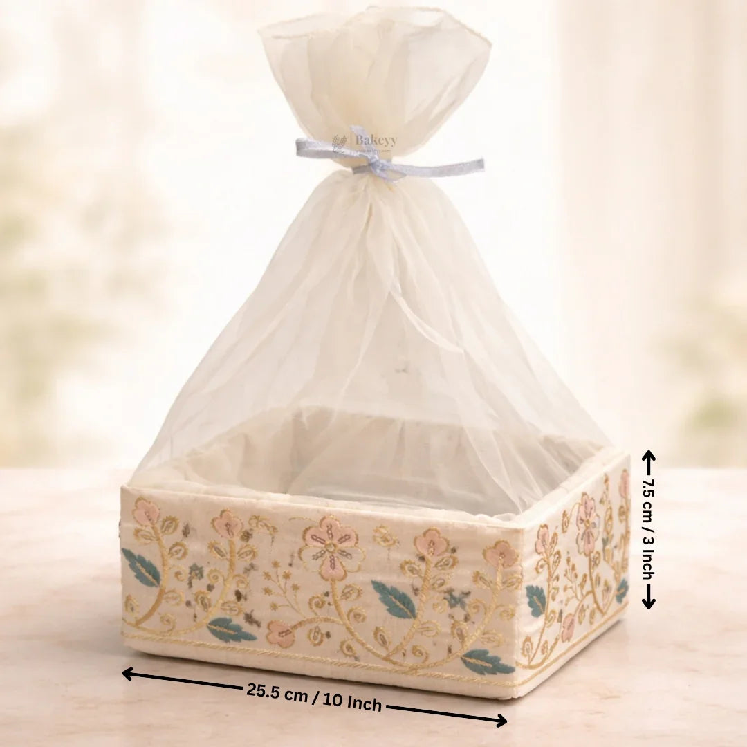Elegant Square Fabric Gift Basket with Net Cover | Floral Embroidered Hamper Base for Luxury Gifting With Matching Ribbon | Pack of 1