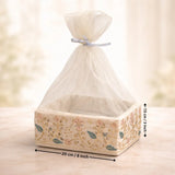 Elegant Square Fabric Gift Basket with Net Cover | Floral Embroidered Hamper Base for Luxury Gifting With Matching Ribbon | Pack of 1