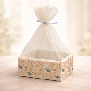 Elegant Square Fabric Gift Basket with Net Cover | Floral Embroidered Hamper Base for Luxury Gifting With Matching Ribbon | Pack of 1 - Bakeyy.com - India - Elegant Square Fabric Gift Basket with Net Cover | Floral Embroidered Hamper Base for Luxury Gifting With Matching Ribbon | Pack of 1 - Small 250.00
