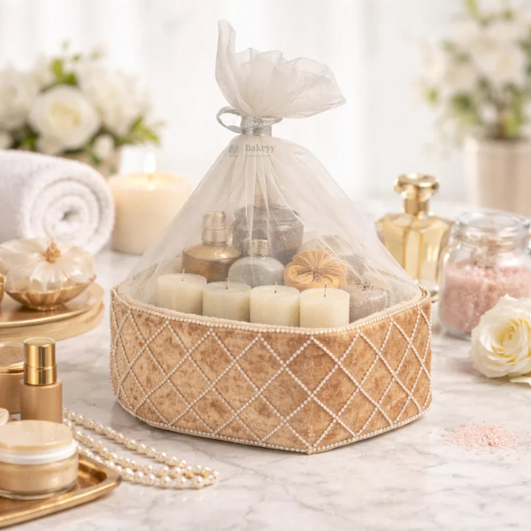 Hexagon Velvet Gift Box with Net | Diamond Pearl Embellished Base | Elegant Premium Hamper Box | Pack of 1