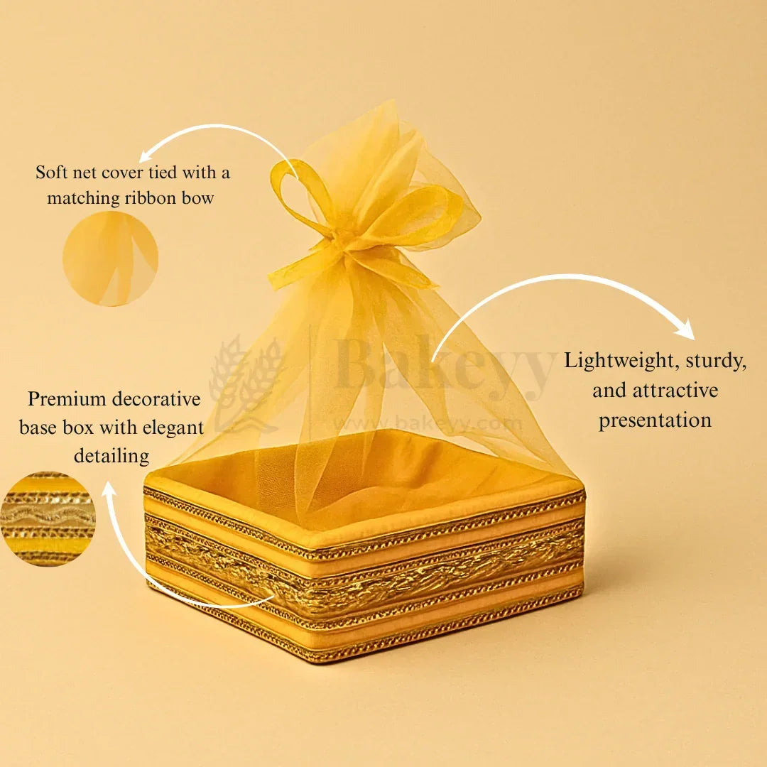 Yellow Net Hamper Basket & Ribbon Bow | Ideal for Wedding & Festive Hampers | Pack of 1 - Bakeyy.com - India - Yellow Net Hamper Basket & Ribbon Bow | Ideal for Wedding & Festive Hampers | Pack of 1 - Extra Small 120.00