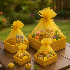 Yellow Net Hamper Basket & Ribbon Bow | Ideal for Wedding & Festive Hampers | Pack of 1 - Bakeyy.com - India - Yellow Net Hamper Basket & Ribbon Bow | Ideal for Wedding & Festive Hampers | Pack of 1 - Extra Small 120.00