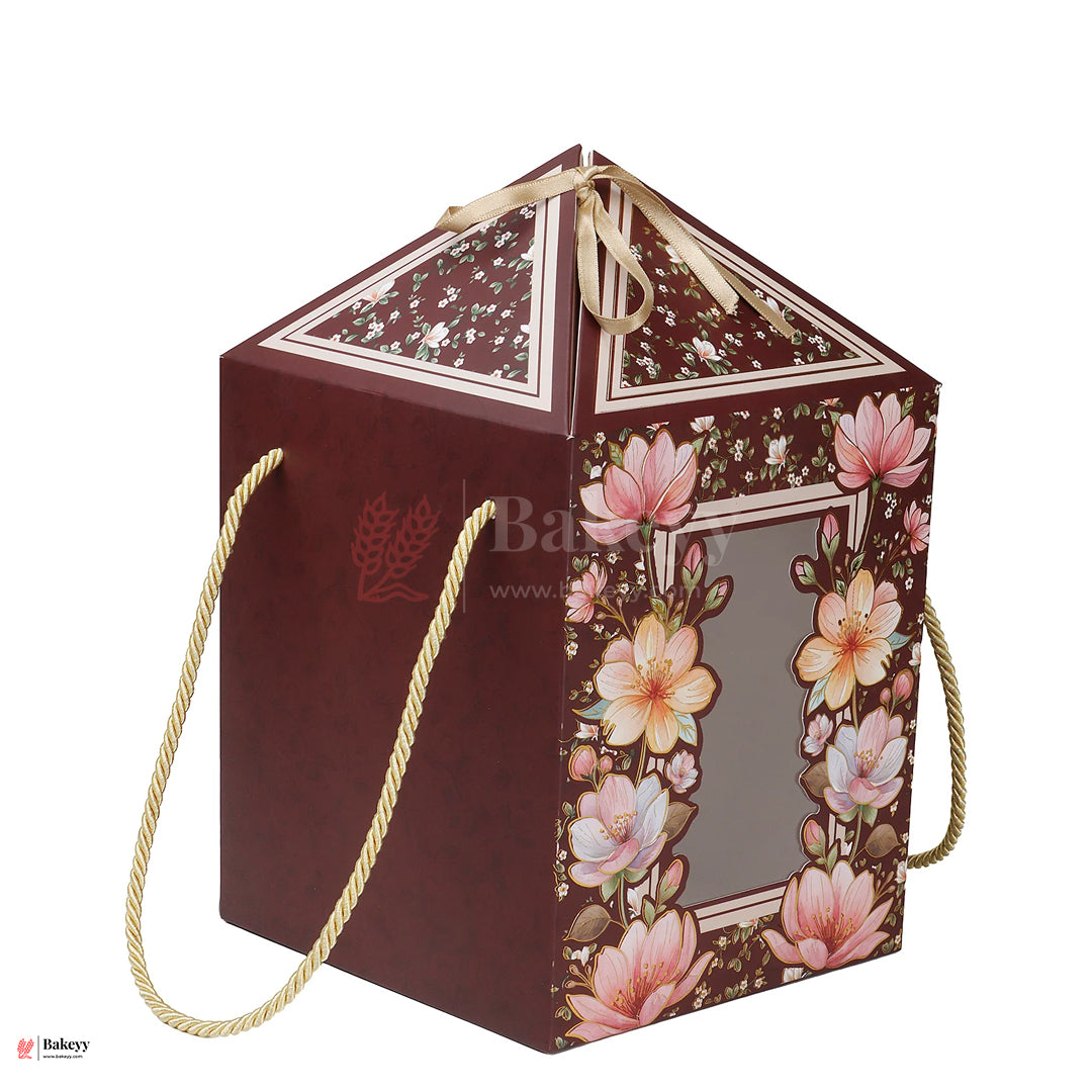 12x7.25x7.25 Inch |Floral Burgundy Dome Gift Box with Handle & Ribbon – Premium Luxury Packaging | Pack of 10
