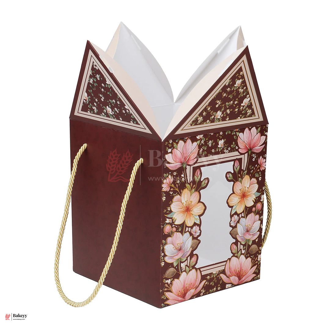 12x7.25x7.25 Inch |Floral Burgundy Dome Gift Box with Handle & Ribbon – Premium Luxury Packaging | Pack of 10