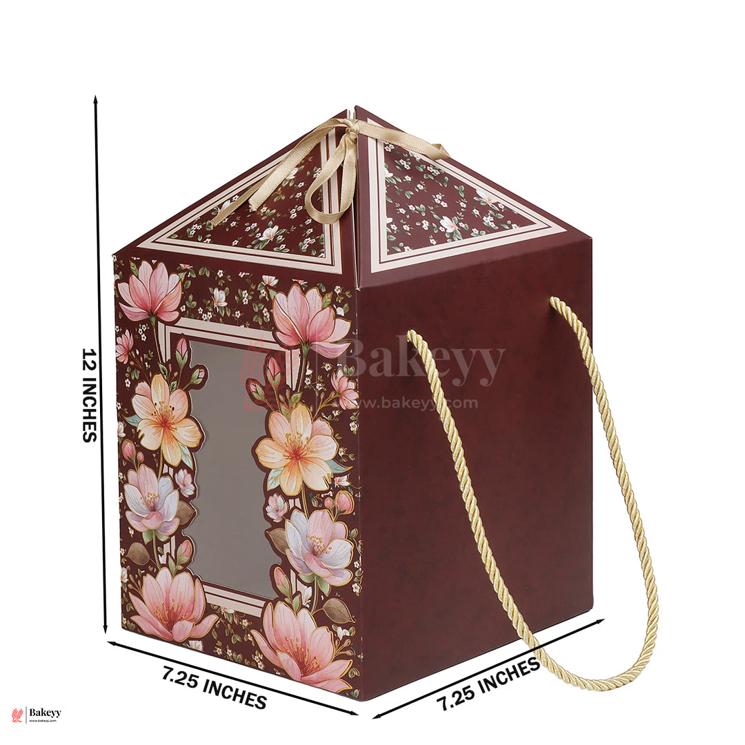 12x7.25x7.25 Inch |Floral Burgundy Dome Gift Box with Handle & Ribbon – Premium Luxury Packaging | Pack of 10