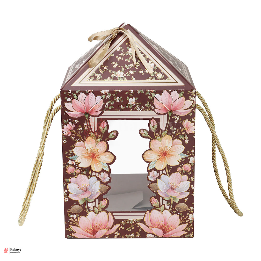 12x7.25x7.25 Inch |Floral Burgundy Dome Gift Box with Handle & Ribbon – Premium Luxury Packaging | Pack of 10