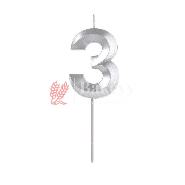 Number 3 Silver 3D Candle | 1 pcs | For Birthday, Wedding Party & Cake Decoration - Bakeyy.com