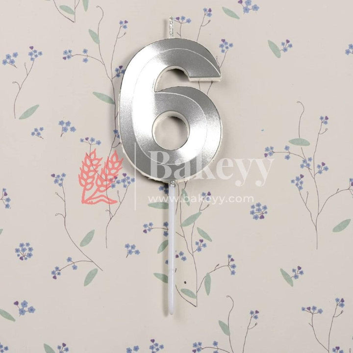 Number 6 Silver 3D Candle | 1 pcs | For Birthday, Wedding Party & Cake Decoration - Bakeyy.com