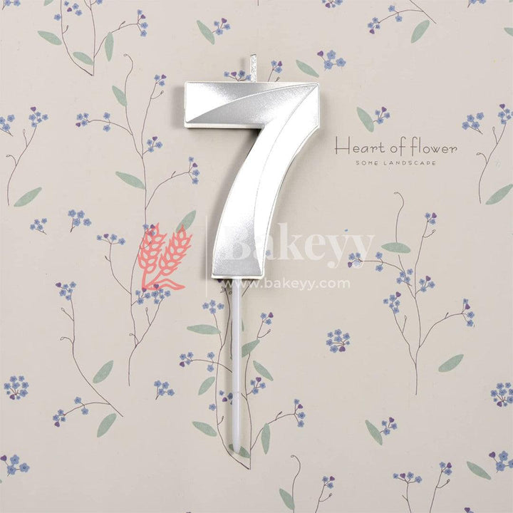 Number 7 Silver 3D Candle | 1 pcs | For Birthday, Wedding Party & Cake Decoration - Bakeyy.com