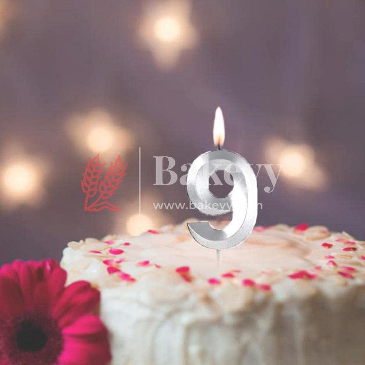 Number 9 Silver 3D Candle | 1 pcs | For Birthday, Wedding Party & Cake Decoration - Bakeyy.com