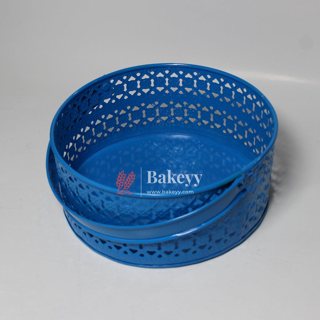 Hamper Basket For Gifting Round | Elegant & Durable Blue Metal Hamper Basket with Handle | Blue Colour