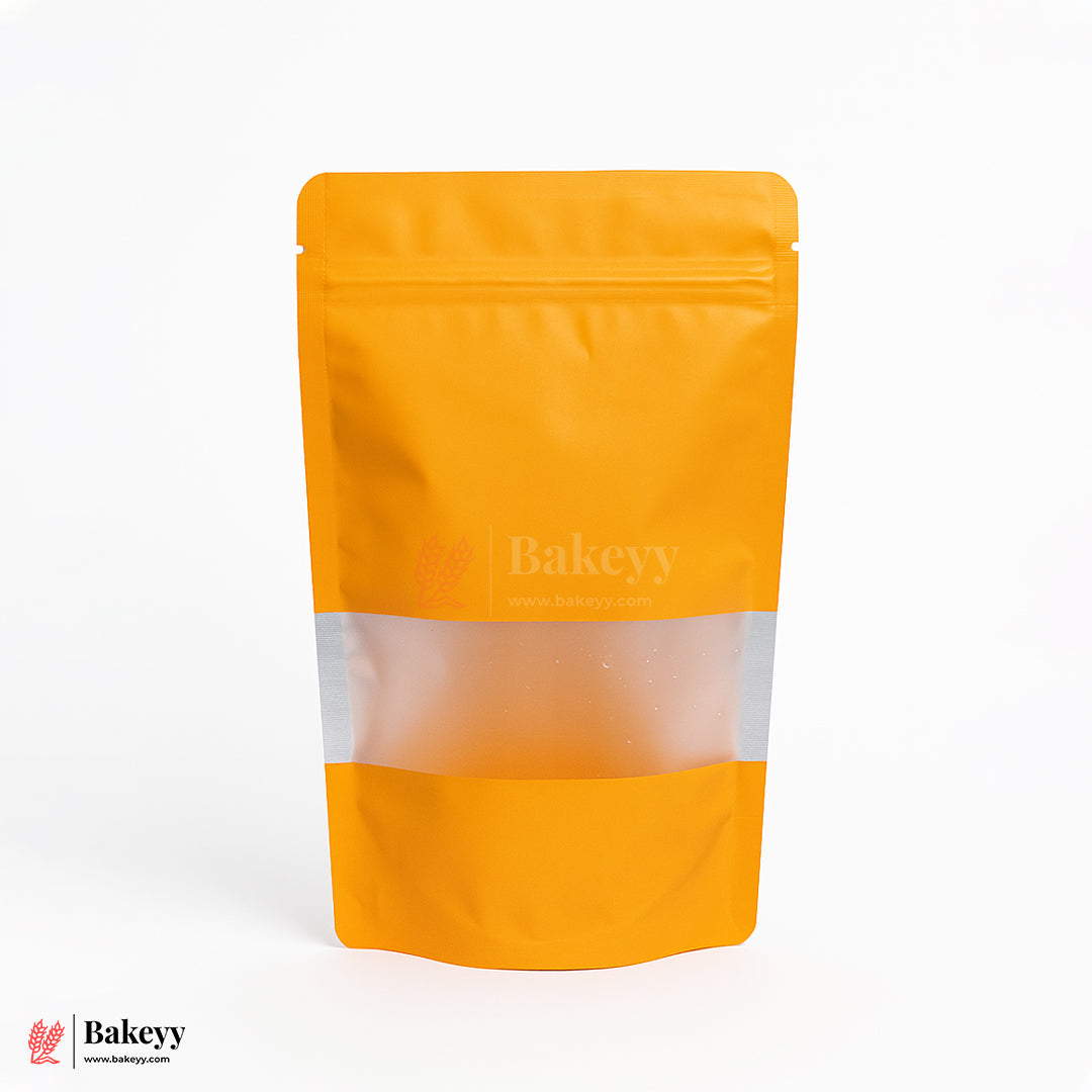 100 gm | Zip Lock Pouch | Orange Color With Window | 10x17 CM | Standing Pouch | 110 GSM | Pack of 100