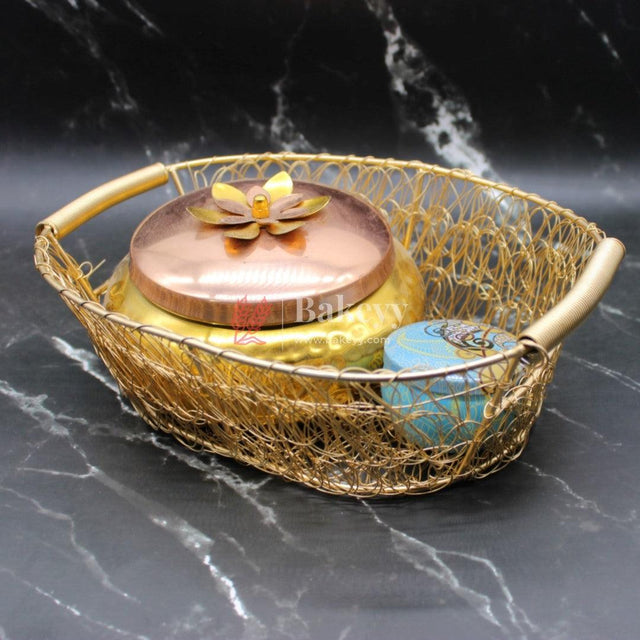 Oval Decorative Gold Metal Hamper Basket For Gifting | Decor - Bakeyy.com - India - Oval Decorative Gold Metal Hamper Basket For Gifting | Decor - Medium