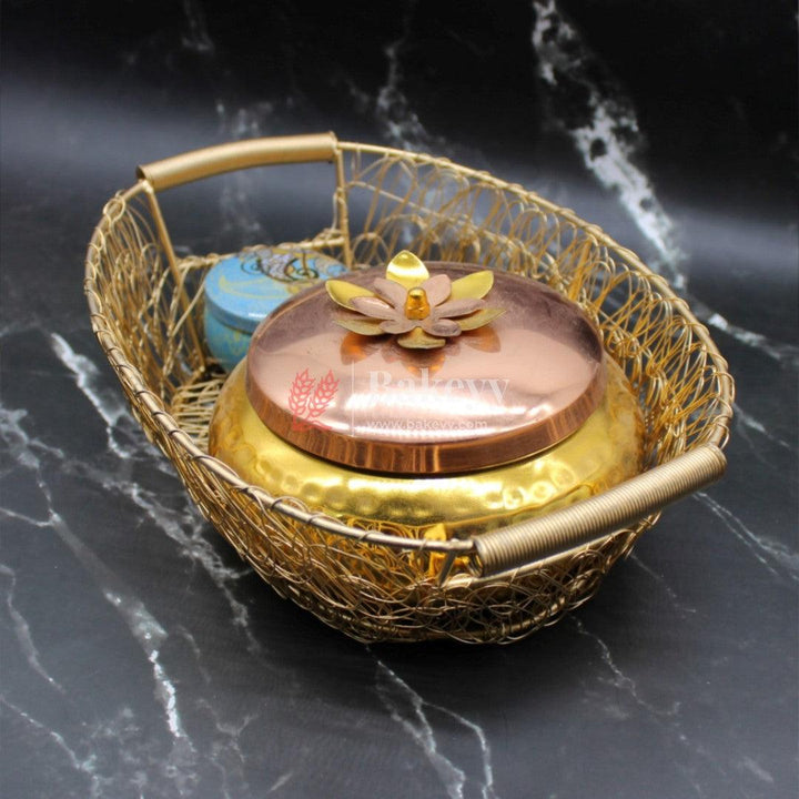 Oval Decorative Gold Metal Hamper Basket For Gifting | Decor - Bakeyy.com
