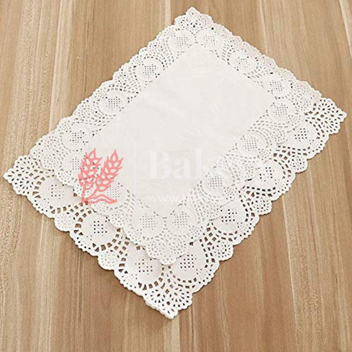 Paper Rectangle Doilies Cake Liner Table Mats (White, 16x23 cm) 100 Pieces - Bakeyy.com