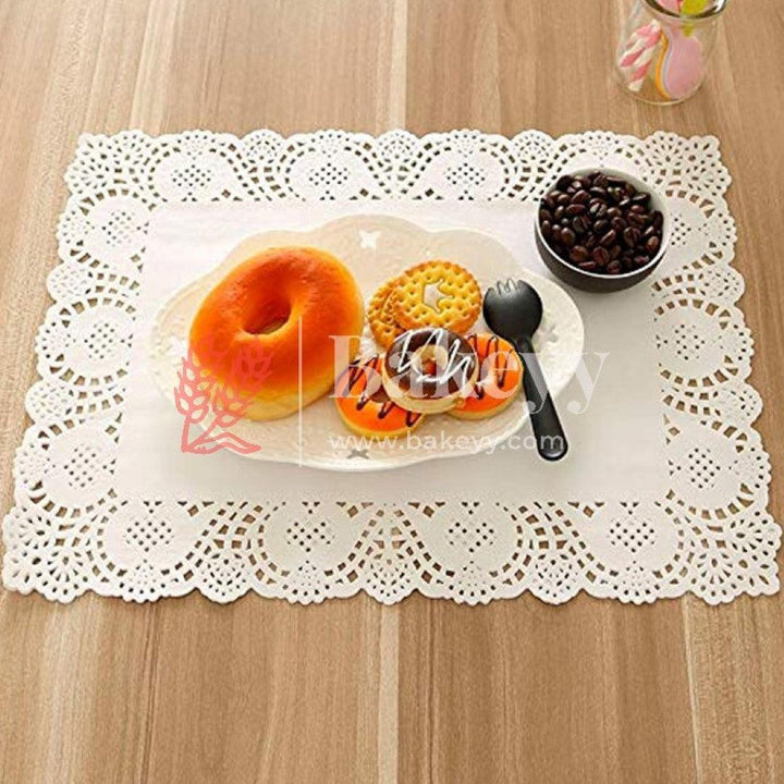 Paper Rectangle Doilies Cake Liner Table Mats (White, 20x38 cm) 100 Pieces - Bakeyy.com