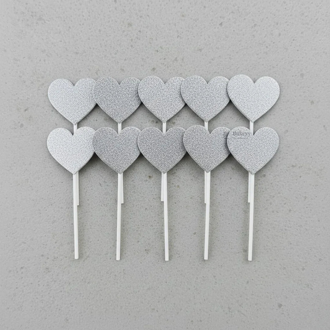 Glitter Heart Cake Topper Set | Premium Sparkle Picks for Cakes, Cupcakes & Desserts | Pack of 10