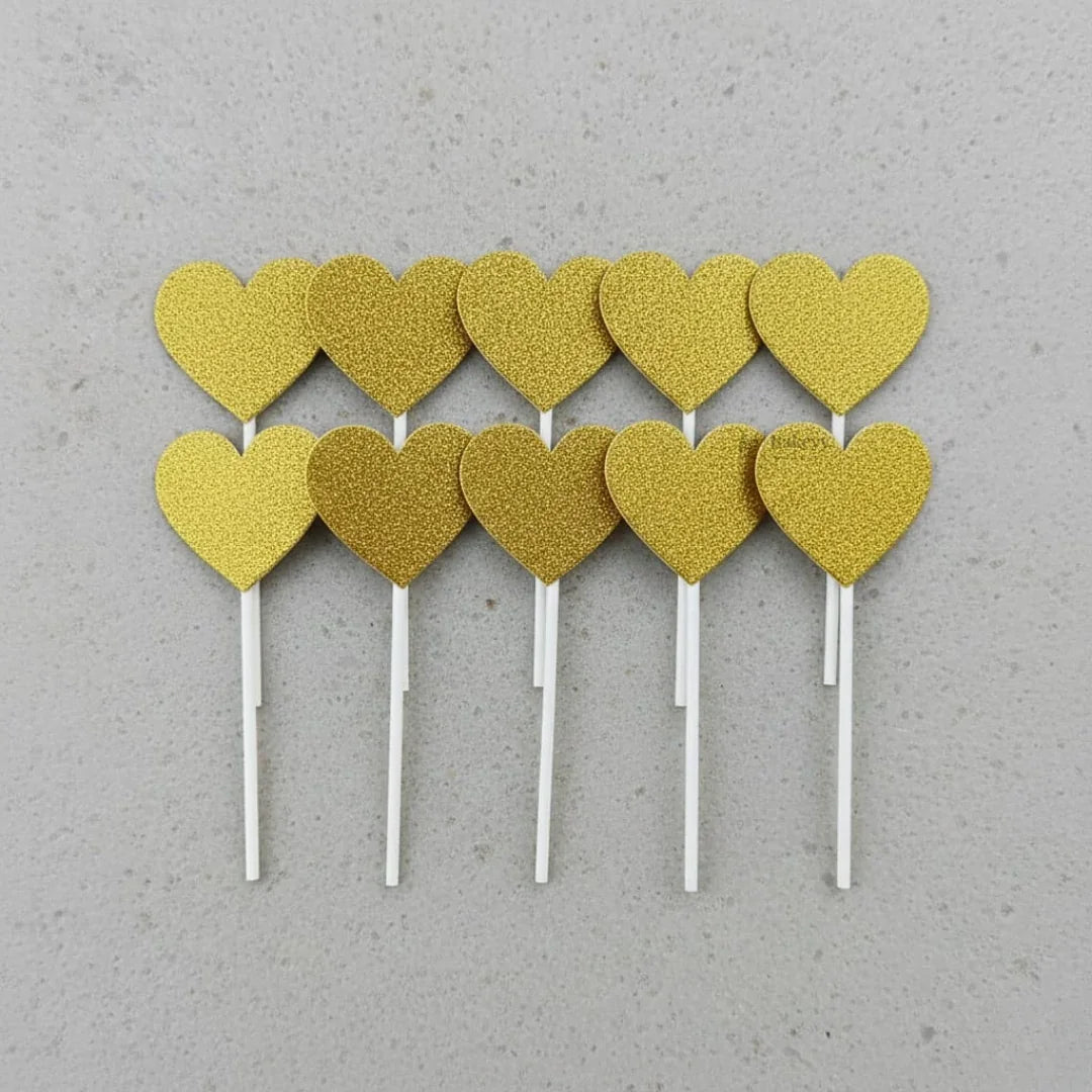 Glitter Heart Cake Topper Set | Premium Sparkle Picks for Cakes, Cupcakes & Desserts | Pack of 10