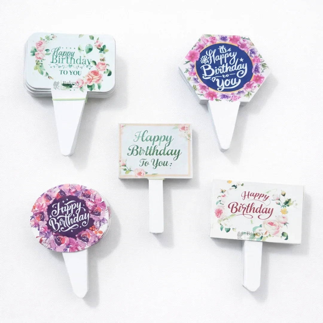 Happy Birthday Floral Assorted Cake Topper Set | Mixed Shapes & Random Prints for Cakes, Cupcakes & Desserts | Pack of 100