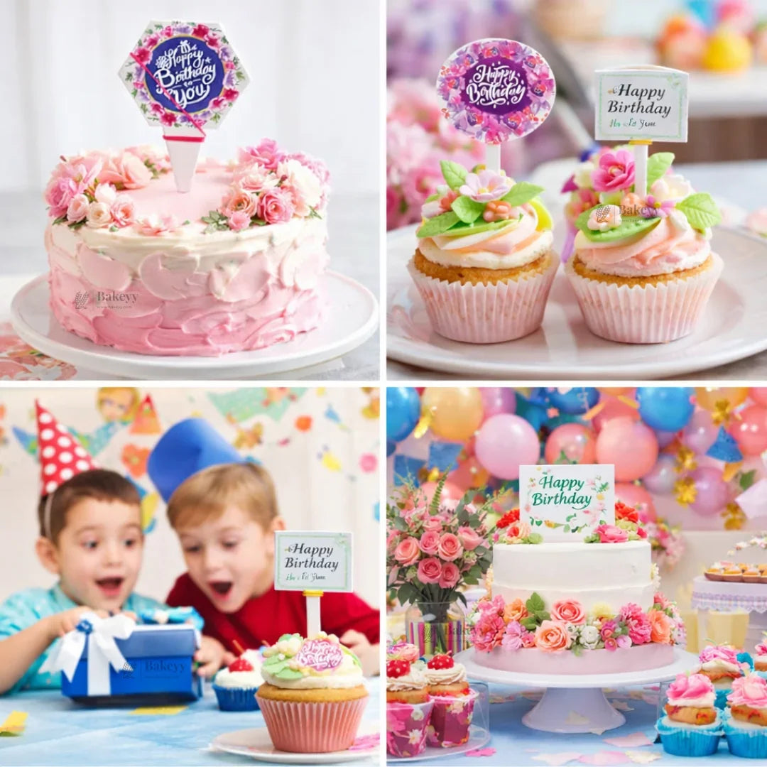 Happy Birthday Floral Assorted Cake Topper Set | Mixed Shapes & Random Prints for Cakes, Cupcakes & Desserts | Pack of 100