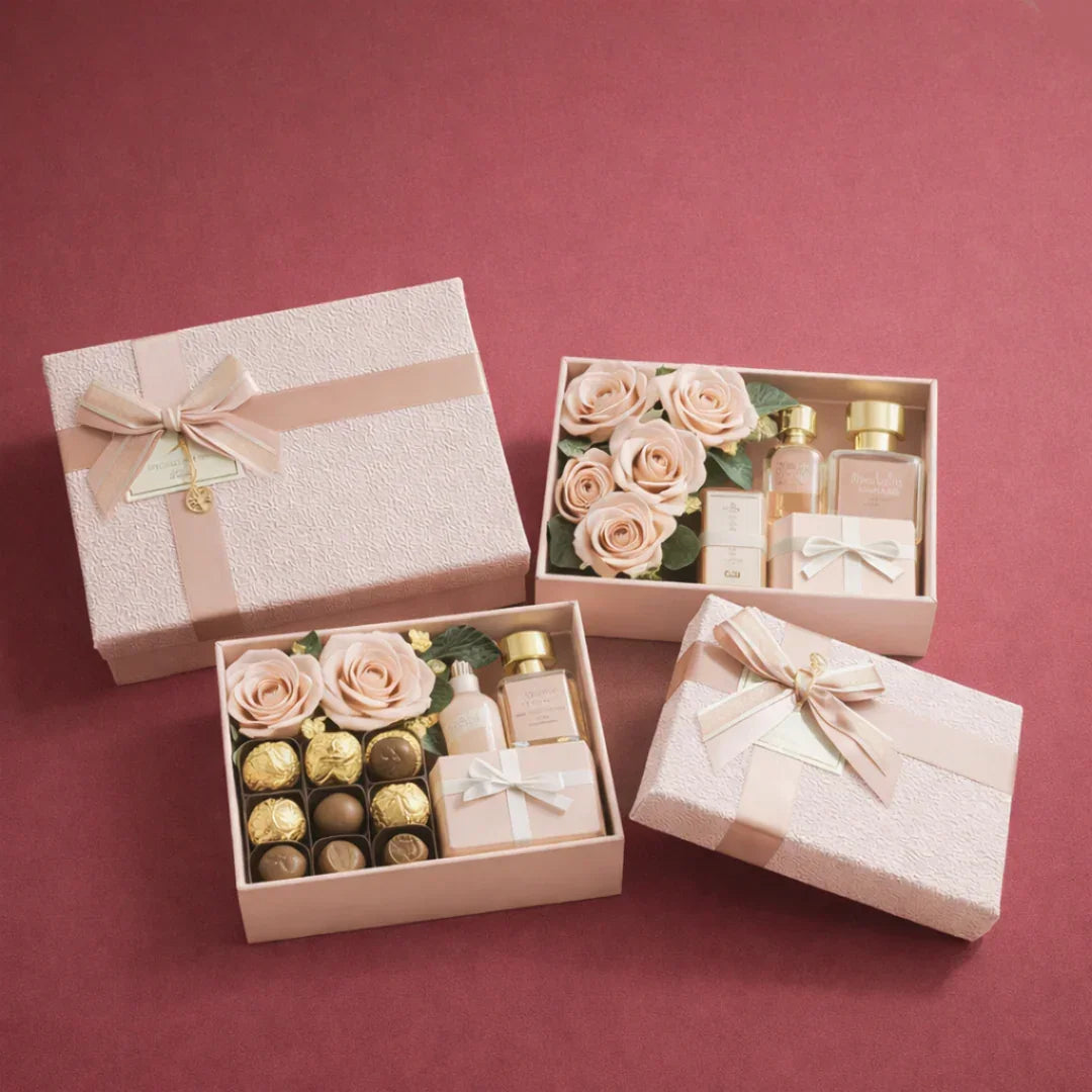 peachTexturedLuxuryGiftBoxPremiumRigidHamperGiftBoxwithLid_Ribbon3SizesAvailablepackof1_7 - Bakeyy.com