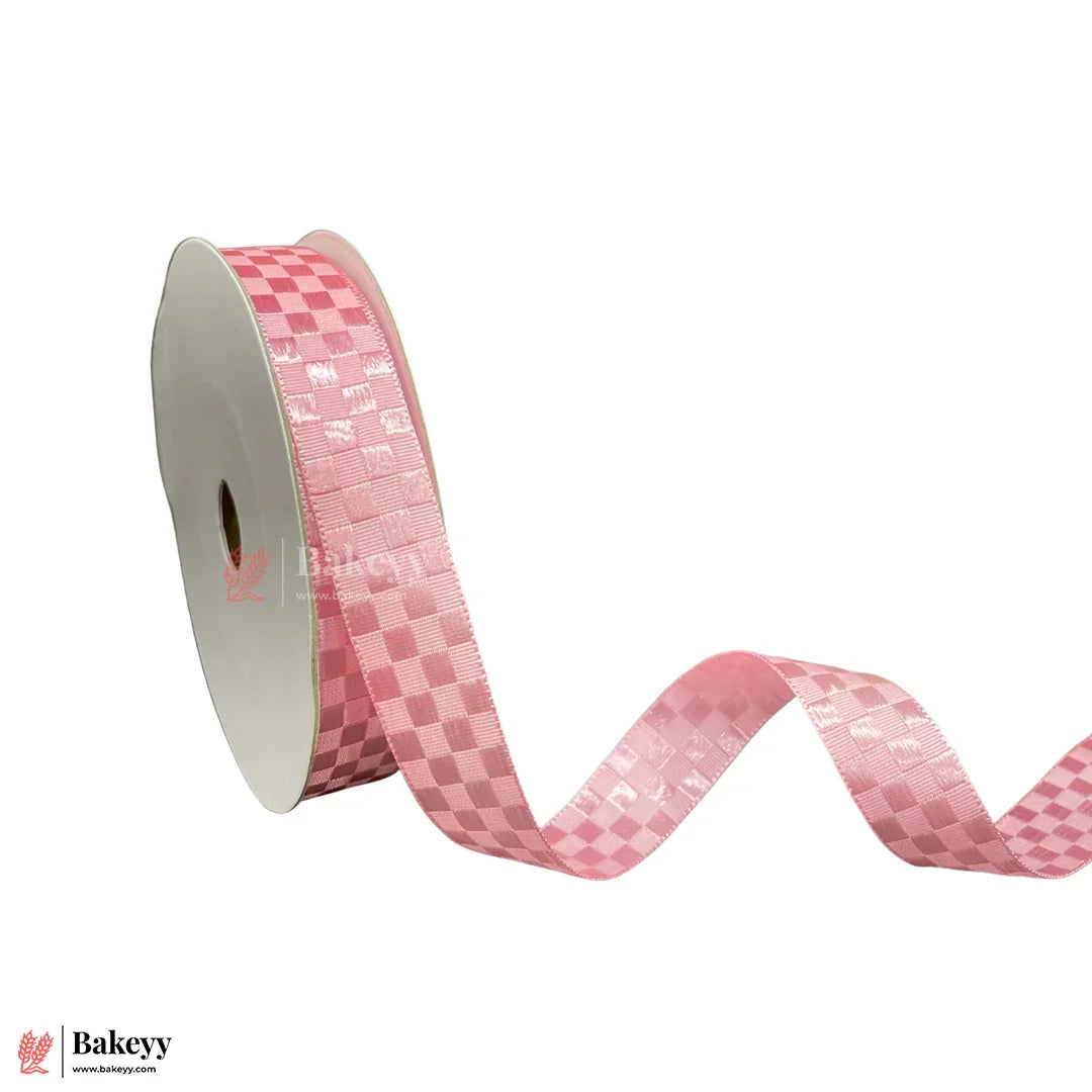 2cm |18 Mtr Elegant Pink Checkered Satin Ribbon Roll – Premium Quality for Gift Wrapping & Crafts