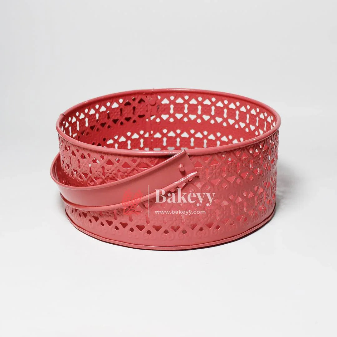 Hamper Basket For Gifting Round | Elegant & Durable Pink Metal Hamper Basket with Handle | Pink Colour - Bakeyy.com - India - Hamper Basket For Gifting Round | Elegant & Durable Pink Metal Hamper Basket with Handle | Pink Colour - Default Title