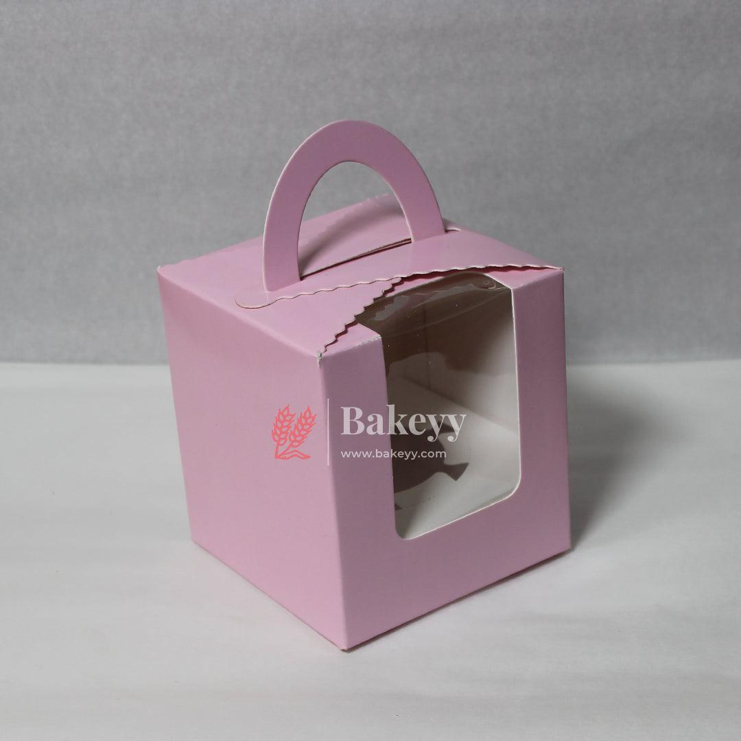 1 -Cupcak Box with Handle | Pink Colour | With Front Window | - Bakeyy.com - India - 1 -Cupcak Box with Handle | Pink Colour | With Front Window | - Pack of 10