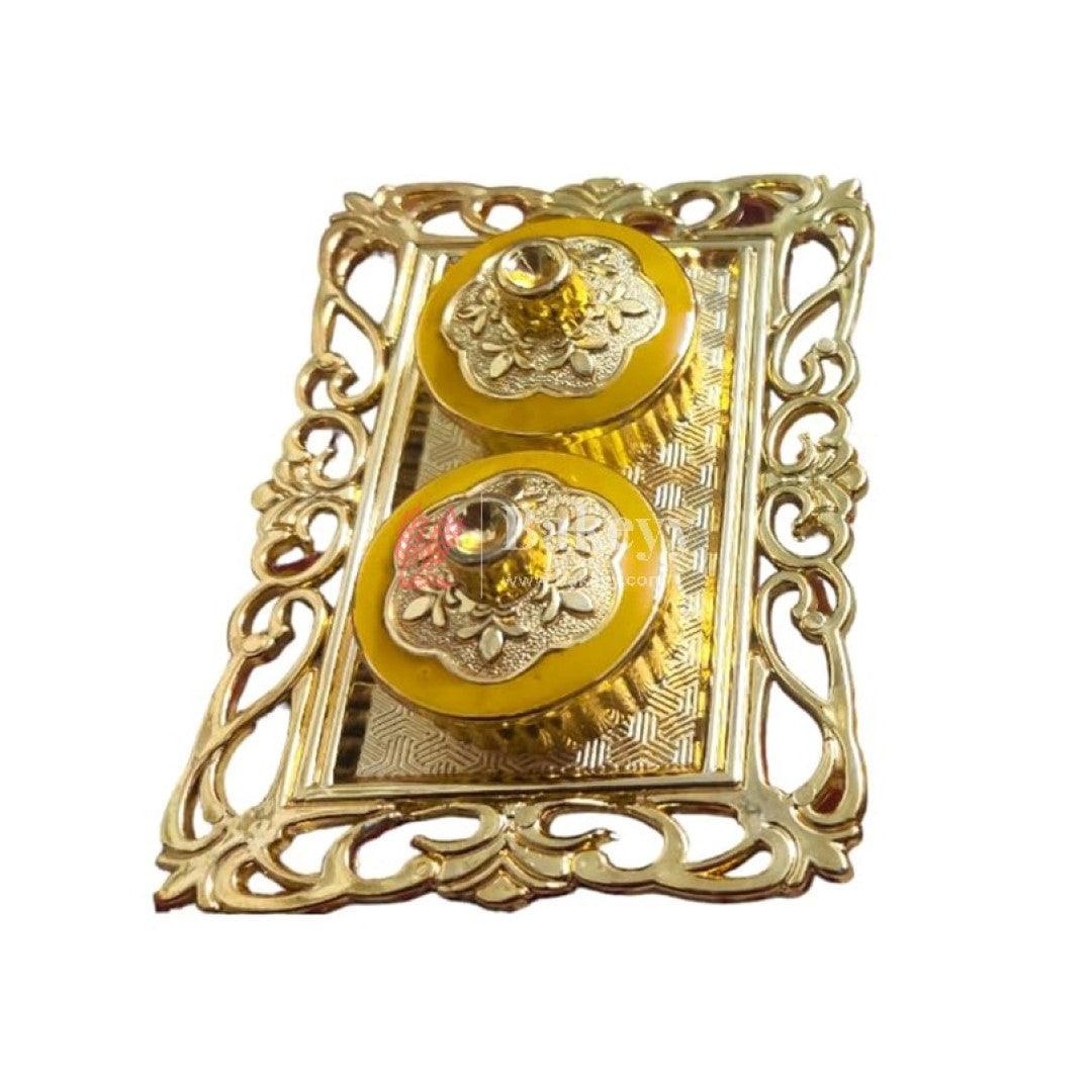 Plastic Kumkum Holder Stone Decorated 2-in-1 Haldi/Kumkum Holder- 2 - Bakeyy.com - India - Plastic Kumkum Holder Stone Decorated 2-in-1 Haldi/Kumkum Holder- 2 - Yellow