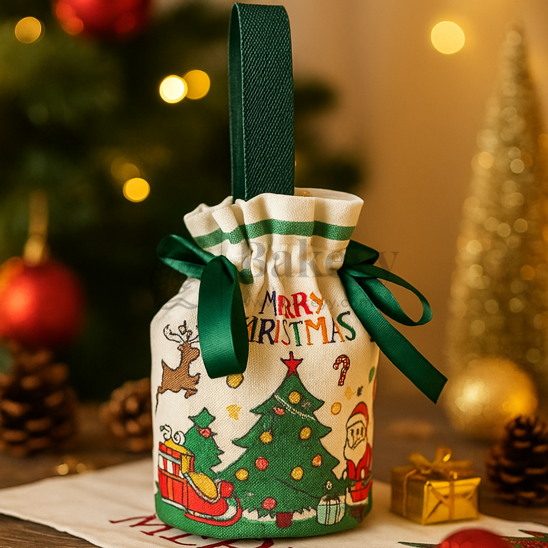 Premium Christmas Theme Fabric Gift Bags | Reusable Treat Bags with Ribbon Closure | Pack of 10