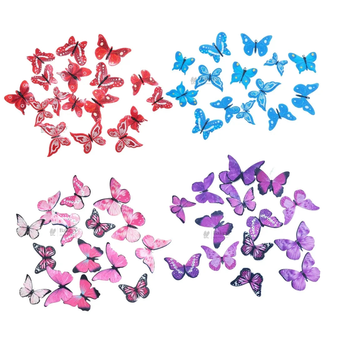 Colorful edible wafer butterfly cutouts in red, blue, pink, and purple for cake decorating