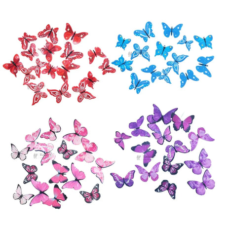 Colorful edible wafer butterfly cutouts in red, blue, pink, and purple for cake decorating