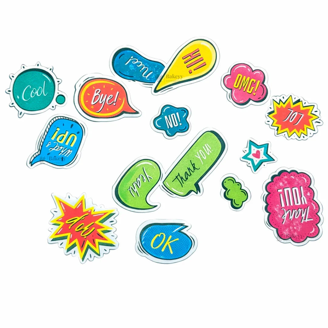 Colorful precut edible wafer toppers with speech bubble designs for cakes by Bakeyy.com