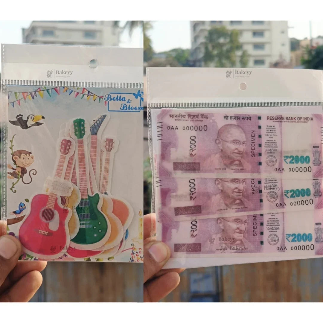 Precut edible wafer sheets with guitar shapes and Indian 2000 rupee note design from Bakeyy.com