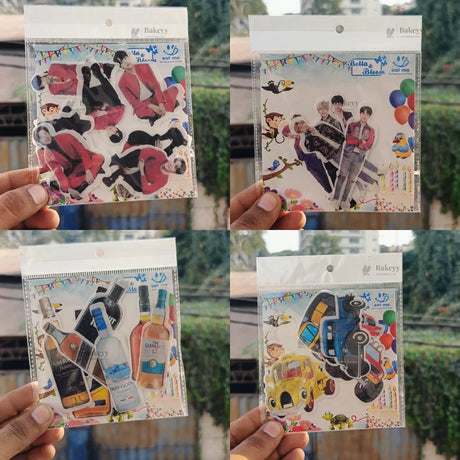 Bakeyy precut edible wafer toppers featuring cartoon cars, bottles, and character designs, ideal for cakes and cupcakes.