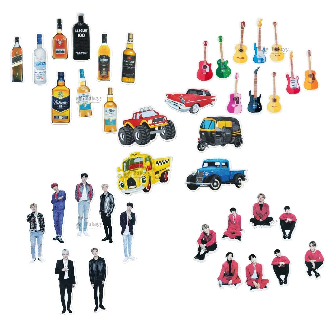 Precut edible wafer toppers with liquor bottles, guitars, cars, and illustrated people for cakes from Bakeyy.com