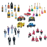 Precut edible wafer toppers with liquor bottles, guitars, cars, and illustrated people for cakes from Bakeyy.com