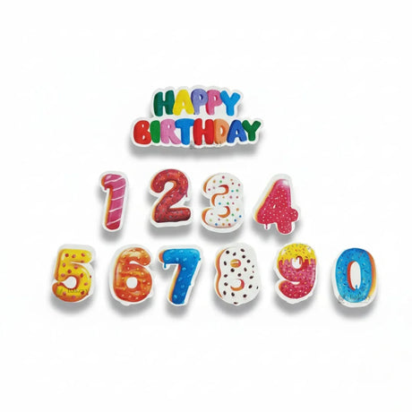 Colorful edible wafer numbers and 'Happy Birthday' topper for cakes from Bakeyy.com